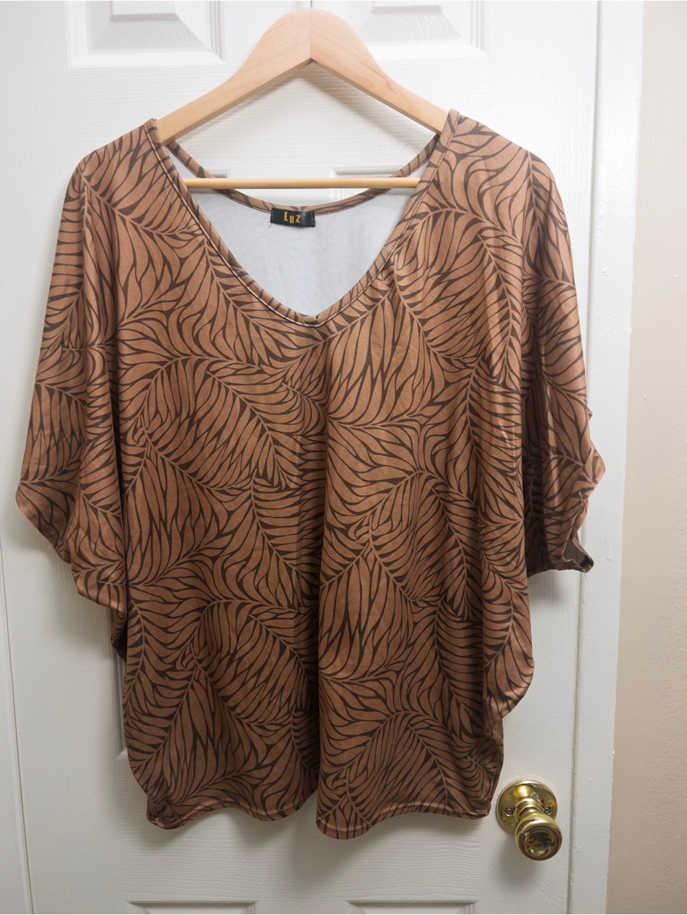 LUZ Brown Leaf-Print V-Neck Relaxed Blouse